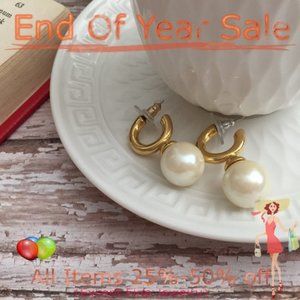 Faux Pearl on Gold tone Hoop Earrings 1.5”